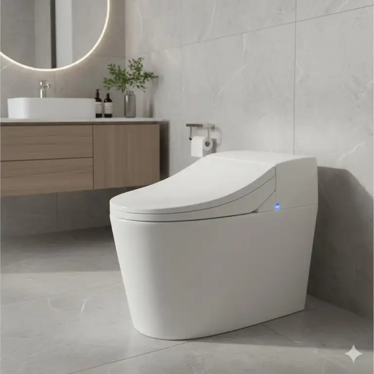 VOVO Stylement integrated smart bidet toilet in a modern bathroom setting, showcasing the sleek, one-piece design.