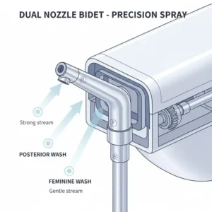 Close-up view highlighting the two distinct spray nozzles on the dual nozzle bidet for posterior and feminine wash.