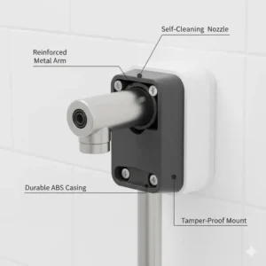 Close-up view of the durable, vandal-resistant nozzle and housing of a bidet for commercial toilet engineered for commercial use in public restrooms.