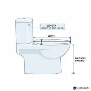 Diagram showing how to measure the length and width of a toilet seat for one piece toilet for accurate sizing.