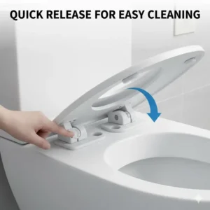 Diagram illustrating the quick-release function on a curved toilet seat hinge for easy removal and cleaning.