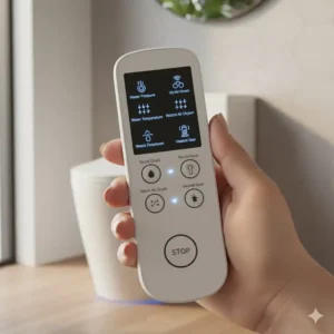 Close-up of the wireless remote control used to adjust settings on a luxury auto bidet toilet, highlighting water pressure and temperature controls.