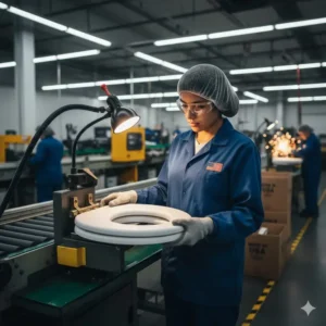 Close-up view of the manufacturing process for toilet seats made in USA, showing an assembly line worker inspecting a hinge.