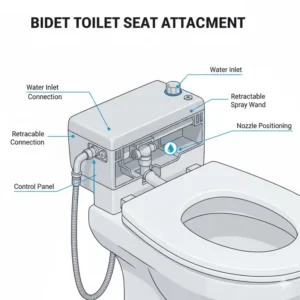 Close-up diagram of a bidet toilet seat attachment, illustrating the water inlet connection and nozzle position.