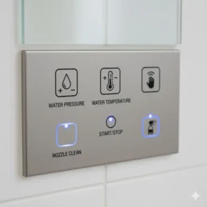 Close-up of a hygienic, touchless control panel for a commercial bidet, showing the adjustable water pressure and temperature settings.