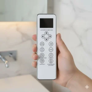Close-up of the VOVO Stylement wireless remote control for easy operation of bidet functions.