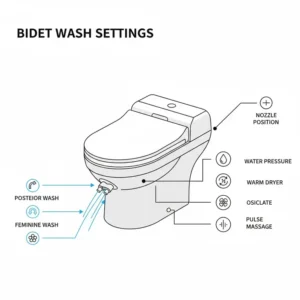 Close-up schematic of the different wash settings on an electronic best ADA toilet with bidet seat, including posterior and feminine wash.