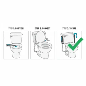 Step-by-step diagram showing the simple installation process of a non-electric bidet for commercial toilet models.