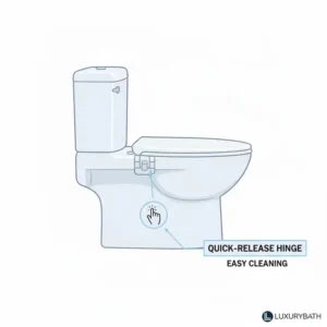 Close-up of a quick-release hinge mechanism on a premium toilet seat for one piece toilet.