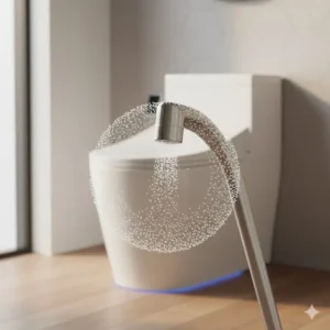 Detailed view of the hygienic, stainless steel self-cleaning nozzle extending from an auto bidet toilet before or after use.