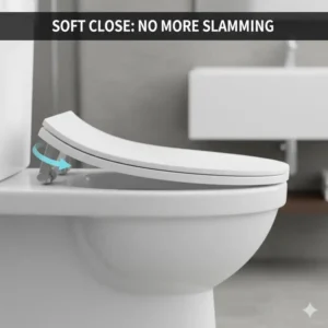 A soft-close curved toilet seat gently lowering itself onto the toilet bowl to prevent slamming and noise.