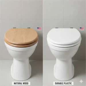 Comparison image showing the difference between a high-density plastic and a natural wooden toilet seats made in USA.