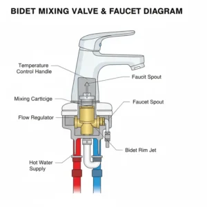 Cross-section diagram of the mixing valve and control faucet for a standalone bidet plumbing fixtures unit.