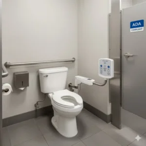 An illustration demonstrating the Americans with Disabilities Act (ADA) compliance and accessible features of a commercial bidet in a hotel or medical facility.
