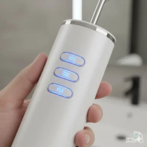 Close-up showing the control panel buttons to adjust the water pressure settings on a powerful cordless bidet.