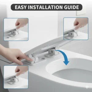 Step-by-step graphic showing how to easily install a new curved toilet seat onto a standard toilet bowl.