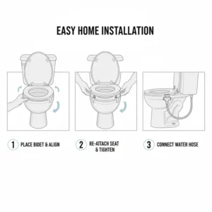 Diagram showing the simple steps for installing the dual nozzle bidet attachment beneath the existing toilet seat.