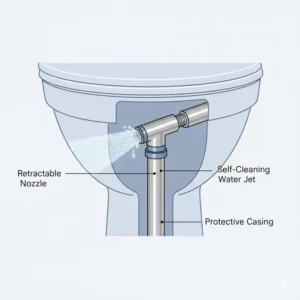 Illustration highlighting the self-cleaning or retractable nozzle feature, a key hygiene benefit of a bidet for commercial toilet system.