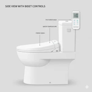 Side view of an accessible best ADA toilet with bidet showing the convenient control panel or wireless remote for operation.
