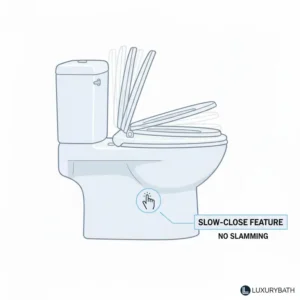 Illustrating the slow-close feature on a new toilet seat for one piece toilet, preventing slamming.