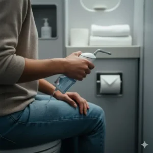 A traveler discreetly using the portable electric bidet for clean personal hygiene in a public restroom setting.