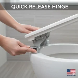 Image demonstrating the easy quick-release hinge feature on a premium toilet seats made in USA for simple cleaning and installation.