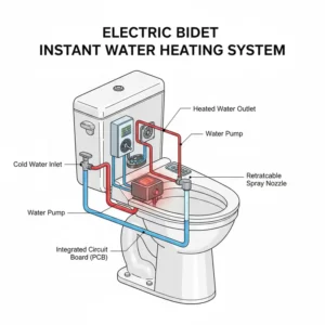 Internal view of an electric bidet plumbing fixtures' instant water heating system and the connection to the toilet.