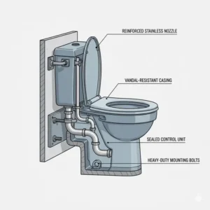 Cross-section diagram illustrating the robust, vandal-resistant internal components of a heavy-duty commercial bidet for high-traffic public use.
