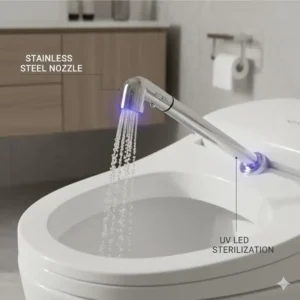 Detailed view of the VOVO Stylement self-cleaning stainless steel nozzle with UV LED sterilization.