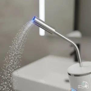 Detail shot of the retractable, angled nozzle and the self-cleaning function of the handheld cordless bidet.