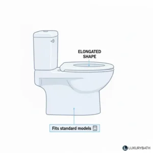 Image of an elongated toilet seat for one piece toilet designed to fit many standard models.