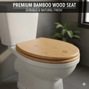 Image of a durable bamboo wood curved toilet seat with a natural finish, highlighting the material quality.