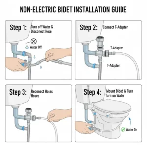 Step-by-step visual of connecting the T-adapter to the toilet's cold water supply line for a non-electric bidet plumbing fixtures.