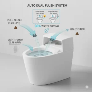 Infographic explaining the water-saving VOVO Stylement auto dual flush system of the smart toilet.