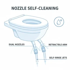 Illustration of the self-cleaning mode activating to rinse and sanitize the retracting dual nozzle bidet nozzles.