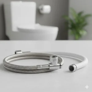 Detail shot of the durable, high-quality metal hose and T-valve connector included with the LTT bidet.