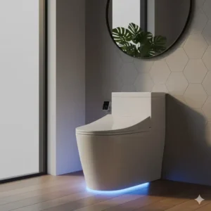 A low-angle shot showing the subtle LED nightlight integrated into the base of an auto bidet toilet for safe late-night use.