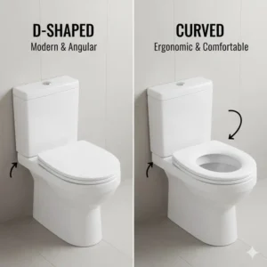 Side-by-side comparison illustrating the unique contoured shape of a curved toilet seat versus a traditional oval seat.