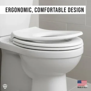 Side view illustrating the ergonomic, comfortable design of a slow-close toilet seats made in USA.