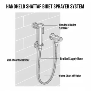 Image of a handheld "shattaf" bidet plumbing fixtures sprayer and its wall-mounted holder, connected to the nearby water outlet.