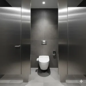 A view inside a typical restaurant or office restroom stall featuring a wall-mounted commercial bidet unit for improved customer experience.