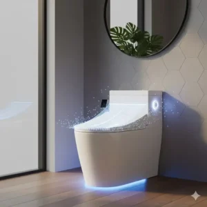 Graphic highlighting the sensor or mechanism for the automatic flush feature on an integrated auto bidet toilet system.