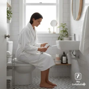 Image showing a cordless bidet being used in a small bathroom, emphasizing how it saves space without needing installation.