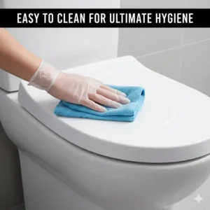 A hand wiping down the smooth surface of a curved toilet seat, emphasizing easy cleaning for better hygiene.