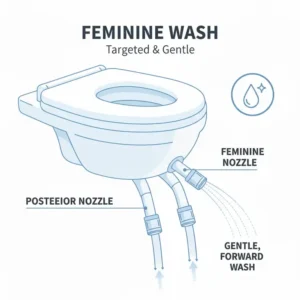 Graphic demonstrating the specific angle of the second nozzle for a gentle and effective feminine wash function on a dual nozzle bidet.
