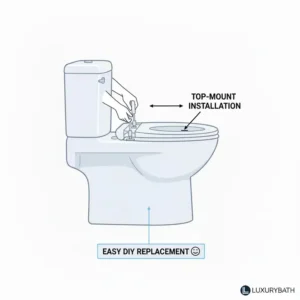 Step-by-step graphic demonstrating the top-mount installation process for replacing a toilet seat for one piece toilet.