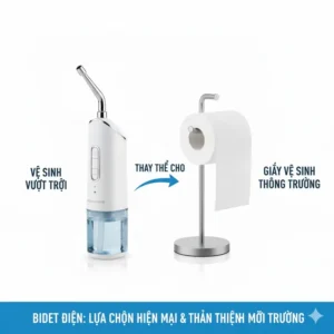 The portable electric bidet positioned next to toilet paper, emphasizing its superior, eco-friendly cleansing alternative.