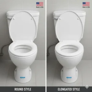 Side-by-side shot of the round and elongated styles of toilet seats made in USA.
