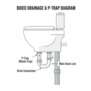 Technical drawing showing the P-trap (waste trap) and proper drainage for a floor-mounted bidet plumbing fixtures.