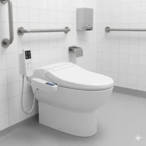 Image of a specialized commercial bidet designed for use in a hospital or healthcare environment, focusing on germ-free operation.